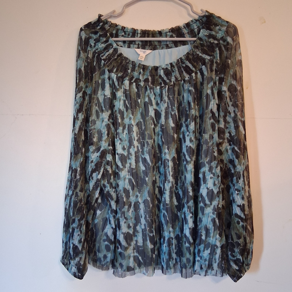 Terra & Sky Blue Long Sleeve Pleated Blouse
